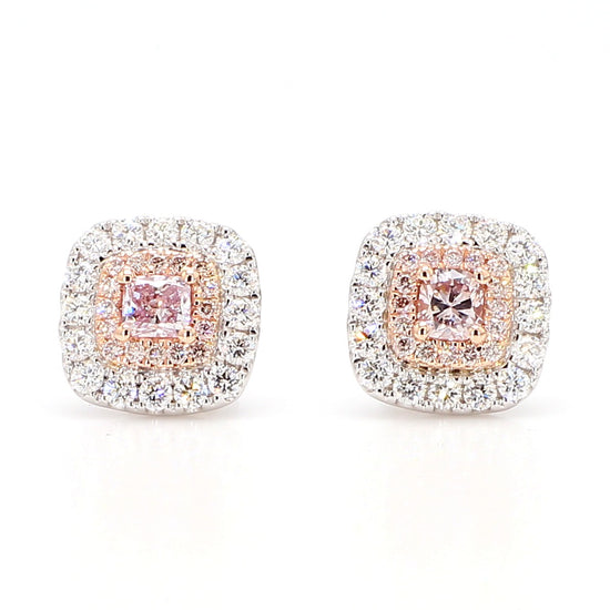 GIA Fancy Light Purplish Pink Cushion Diamond 0.99 Carat TW Gold Earrings