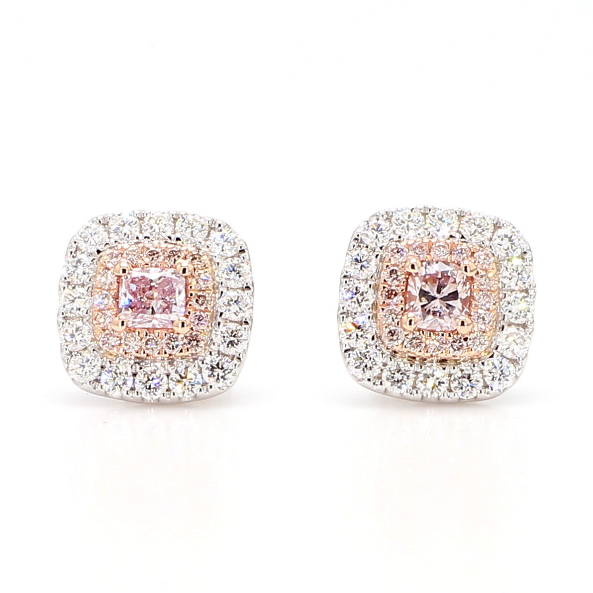 GIA Fancy Light Purplish Pink Cushion Diamond 0.99 Carat TW Gold Earrings