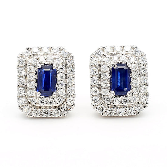Natural Blue Emerald Cut Sapphire and Diamond 1.21 Carat TW Gold Earrings