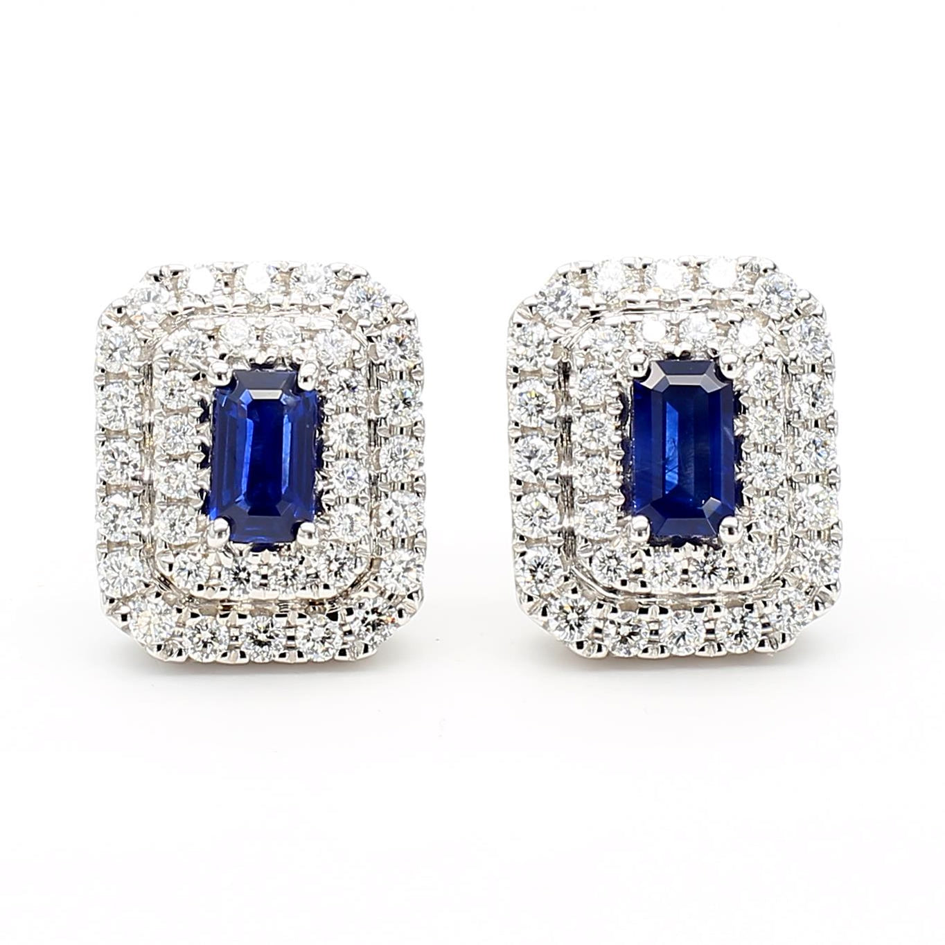 Natural Blue Emerald Cut Sapphire and Diamond 1.21 Carat TW Gold Earrings