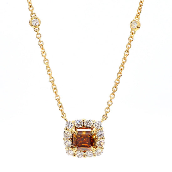 GIA Certified Natural Orange Asscher Diamond 1.59 Carat TW Gold Necklace