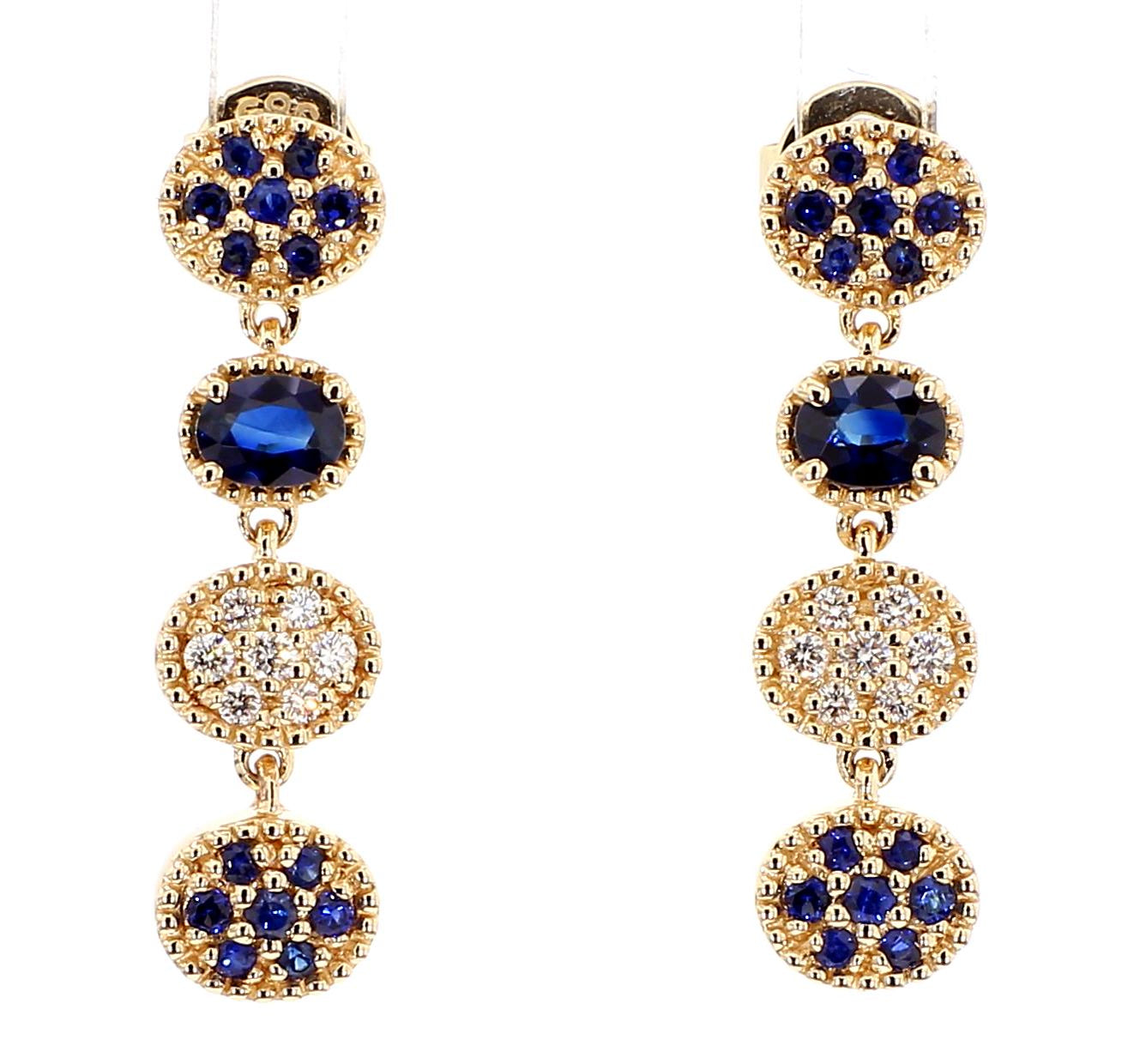 Natural Blue Oval Sapphire and White Diamond 0.87 Carat TW Gold Drop Earrings