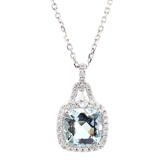 Natural Cushion Aquamarine and White Diamond 2.91 Carat TW Gold Drop Pendant