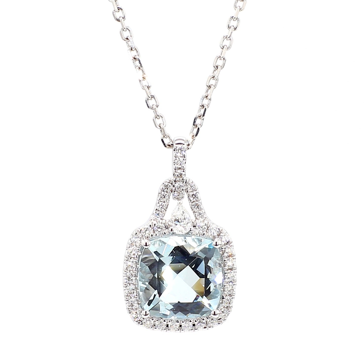 Natural Cushion Aquamarine and White Diamond 2.91 Carat TW Gold Drop Pendant