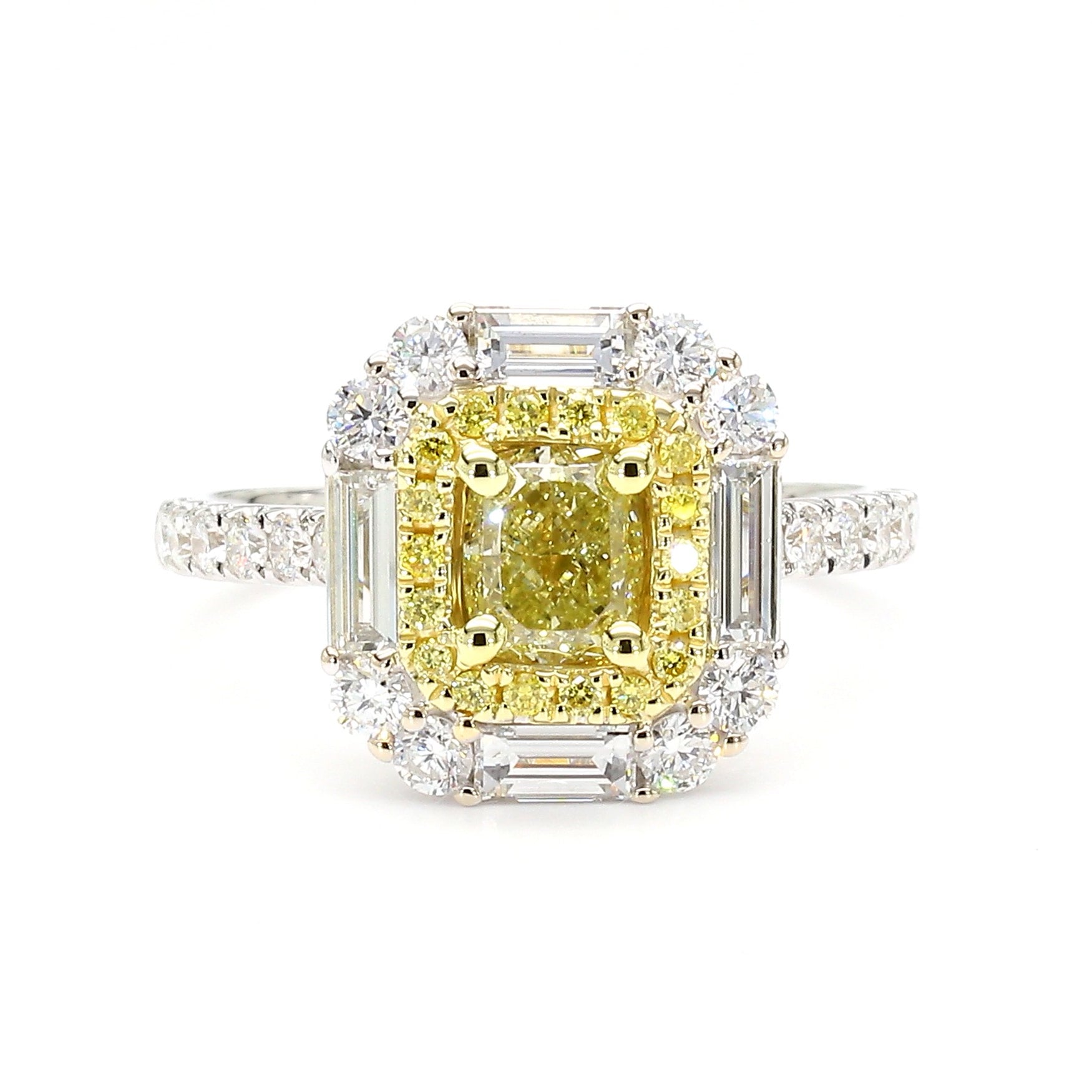 GIA Certified Fancy Yellow Cushion Diamond 1.81 Carat TW Gold Cocktail Ring