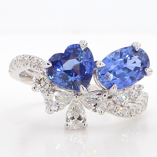 Natural Blue Heart Sapphire and White Diamond 3.22 Carat TW Gold Cocktail Ring