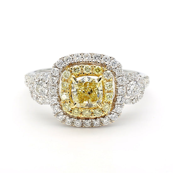 GIA Certified Fancy Light Yellow Cushion Diamond 1.48 Carat TW Gold Ring