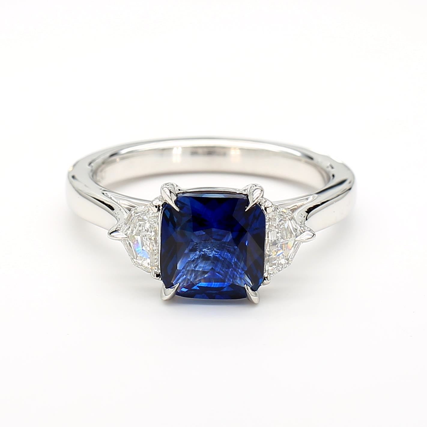 GIA Certified Blue Cushion Sapphire and White Diamond 2.47 Carat TW Plat Ring