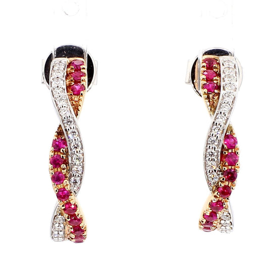 Natural Red Round Ruby and White Diamond 0.53 Carat TW Rose Gold Drop Earrings