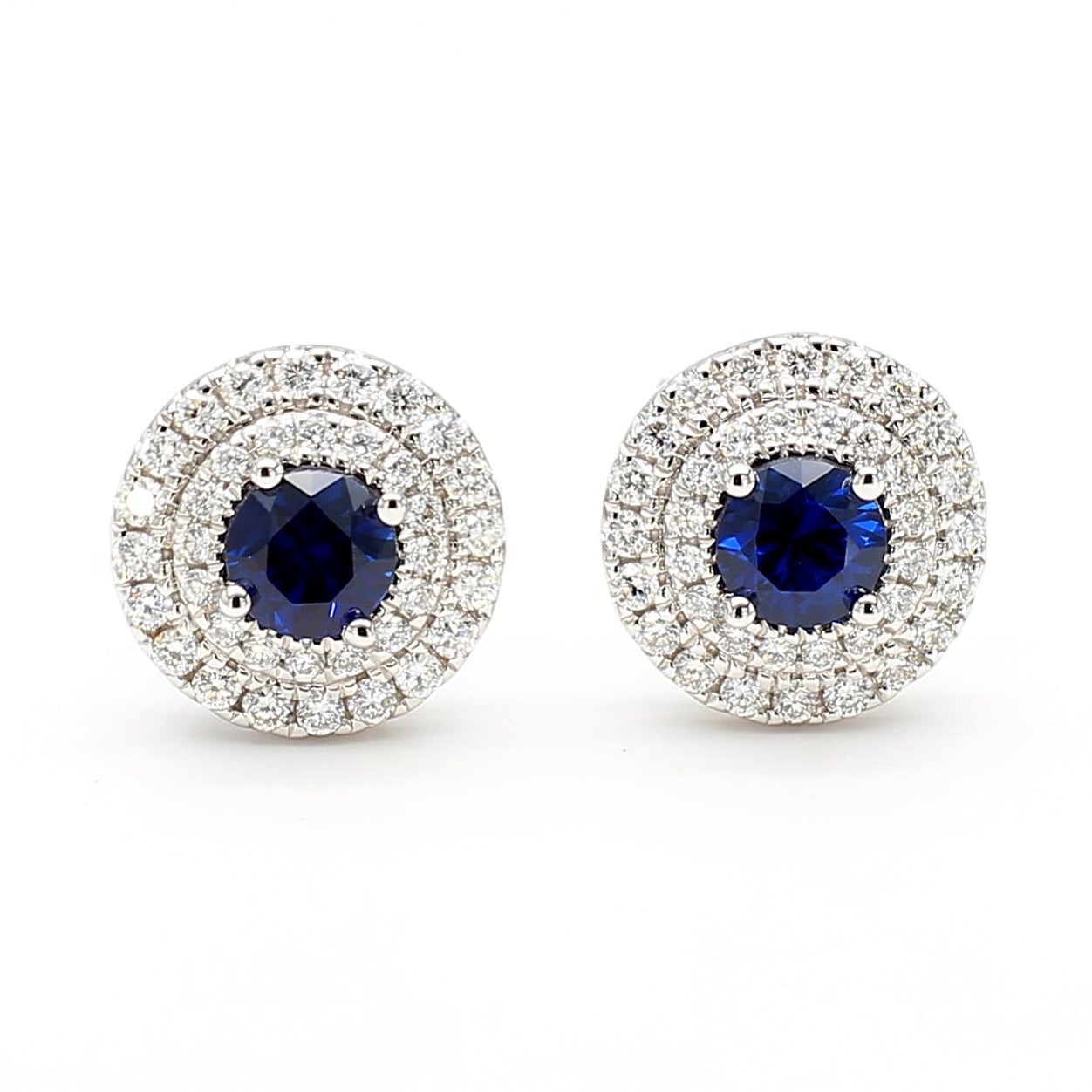 Natural Blue Round Sapphire and Diamond 1.05 Carat TW Gold Stud Earrings
