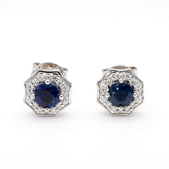 Natural Blue Round Sapphire and Diamond 0.82 Carat TW Gold Stud Earrings