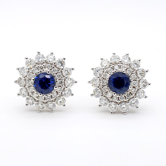 Natural Blue Round Sapphire and Diamond 1.46 Carat TW Gold Stud Earrings