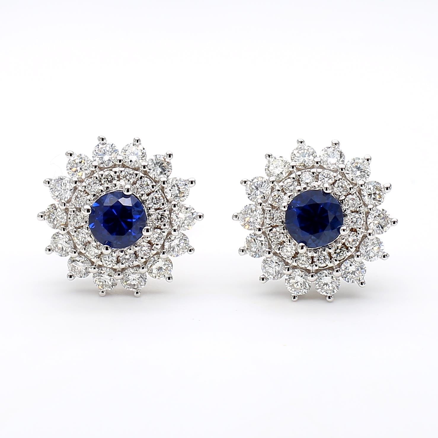 Natural Blue Round Sapphire and Diamond 1.46 Carat TW Gold Stud Earrings