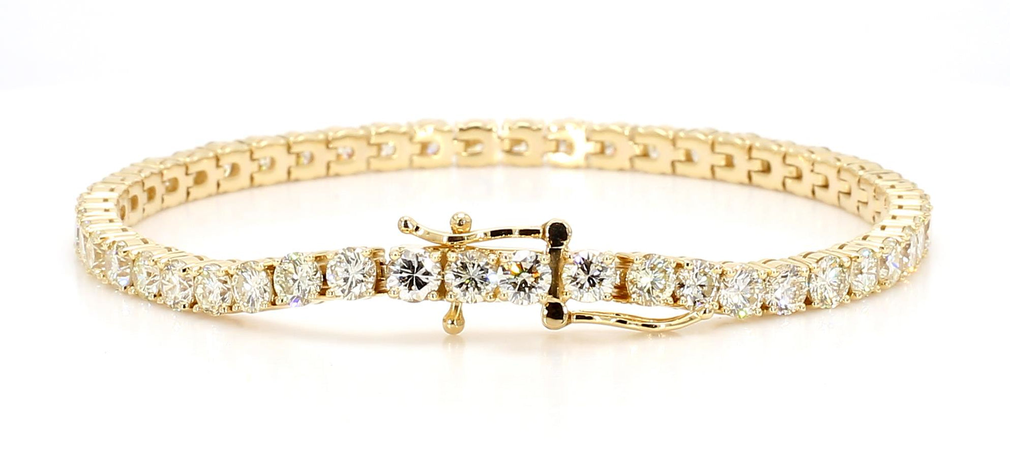 Natural White Round Diamond 7.79 Carat TW Yellow Gold Tennis Bracelet