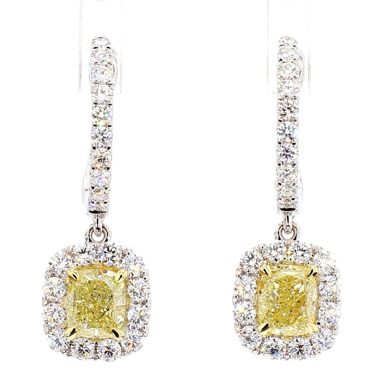 GIA Certified Natural Yellow Cushion Diamond 3.16 Carat TW Gold Drop Earrings