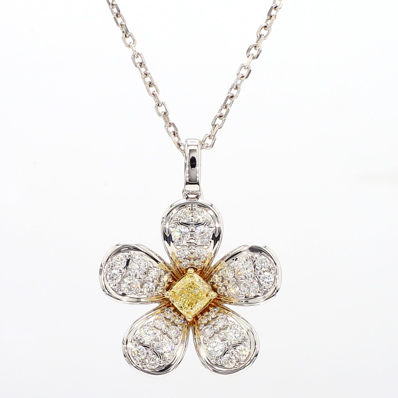 Natural Yellow Cushion Diamond 1.02 Carat TW Gold Flower Pendant