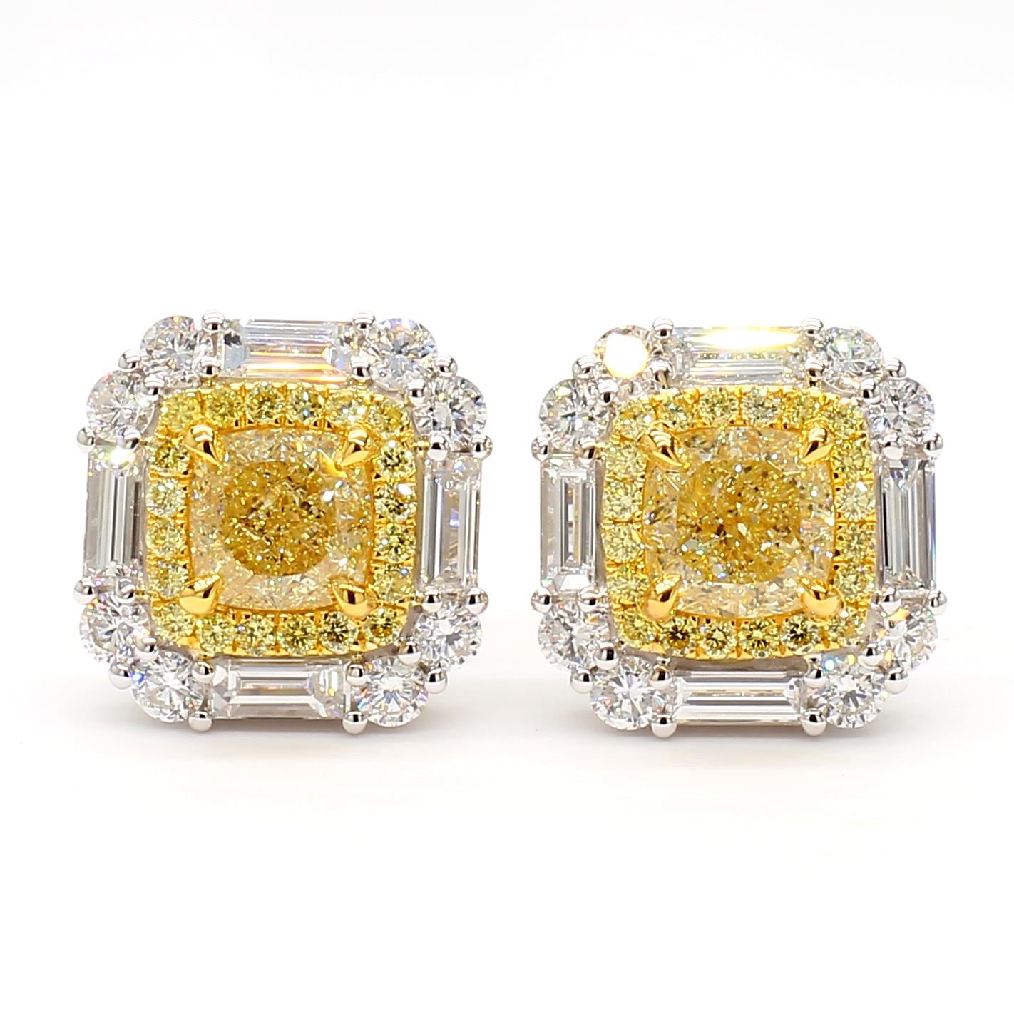 GIA Certified Natural Yellow Cushion Diamond 4.01 Carat TW Gold Stud Earrings