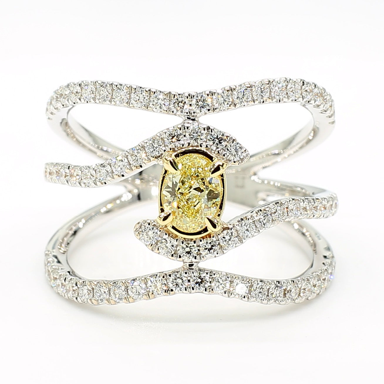 Natural Yellow Oval and White Diamond 1.10 Carat TW Gold Cocktail Ring