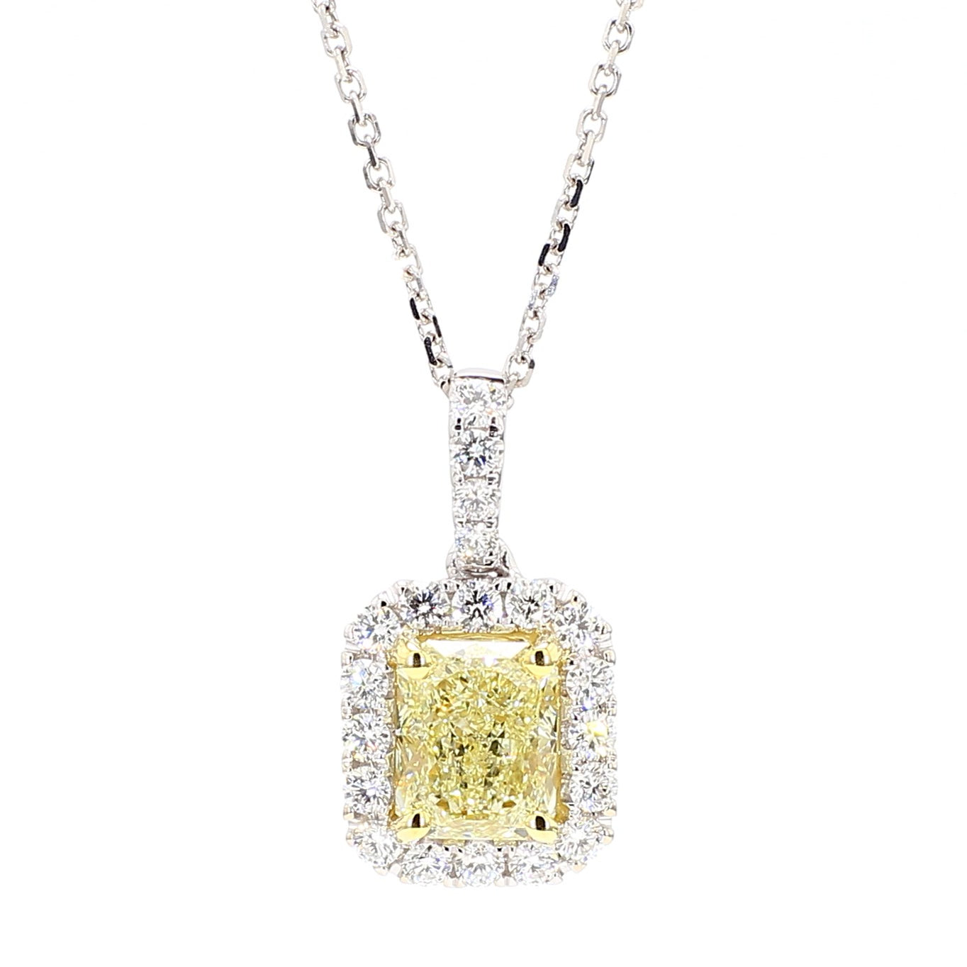 GIA Certified Natural Yellow Radiant Diamond 1.96 Carat TW Gold Drop Pendant
