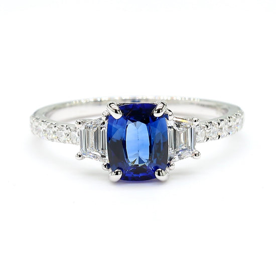 Natural Blue Cushion Sapphire and White Diamond 1.49 Carat TW Gold Cocktail Ring
