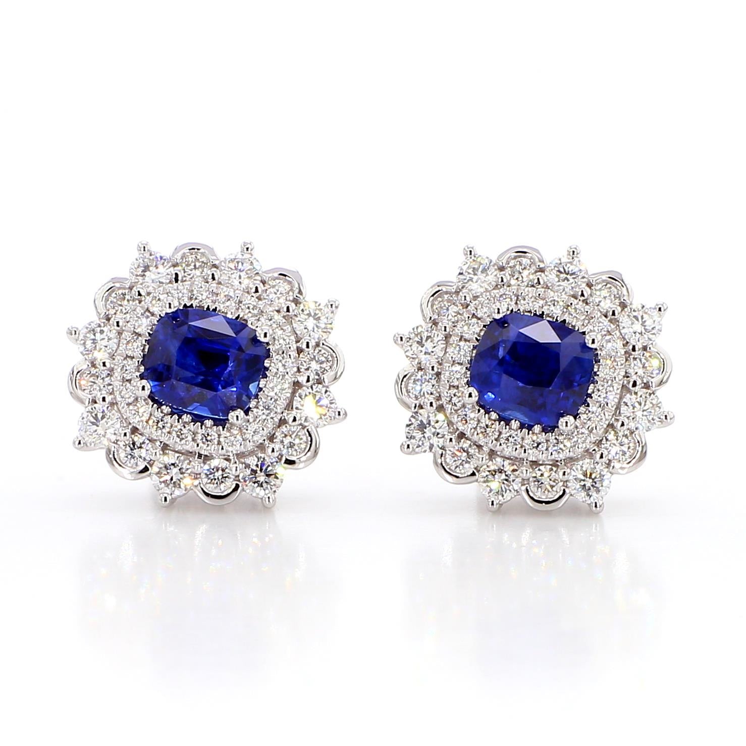 Natural Blue Cushion Sapphire and White Diamond 3.31 Carat TW Gold Stud Earrings