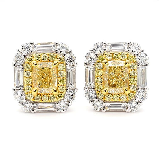 GIA Certified Natural Yellow Cushion Diamond 3.36 Carat TW Gold Stud Earrings
