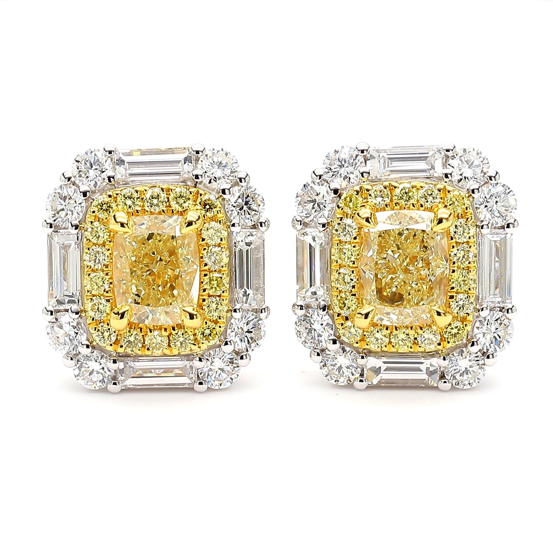 GIA Certified Natural Yellow Cushion Diamond 3.36 Carat TW Gold Stud Earrings