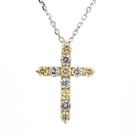 Natural Yellow Round and White Diamond .90 Carat TW Gold Cross Pendant