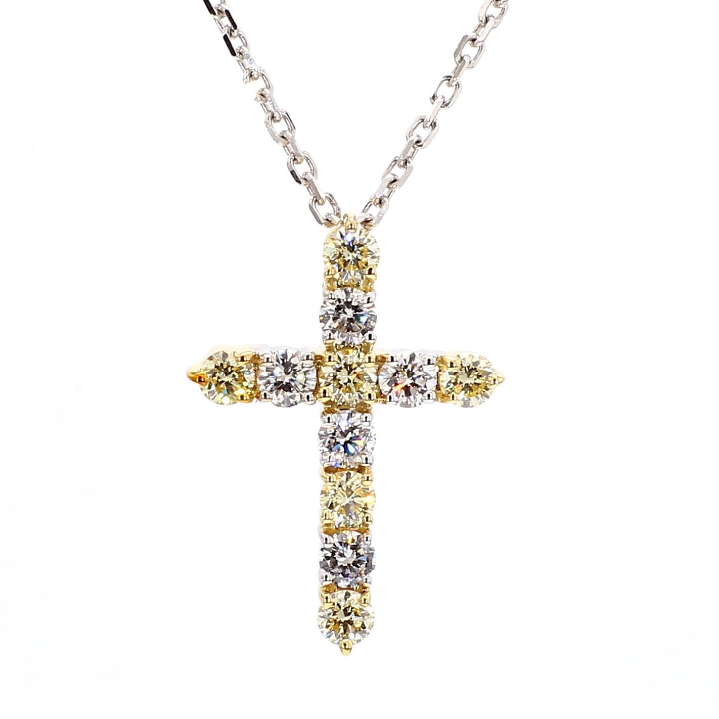 Natural Yellow Round and White Diamond .90 Carat TW Gold Cross Pendant