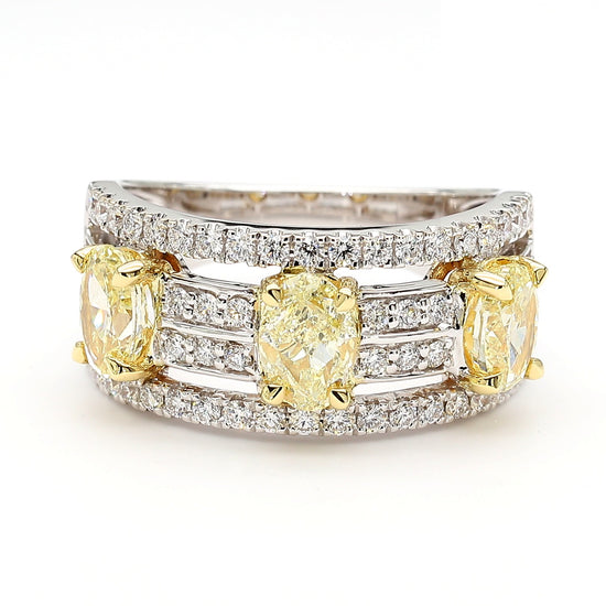Natural Yellow Oval Diamond 2.14 Carat TW Gold 3-Stone Cocktail Ring