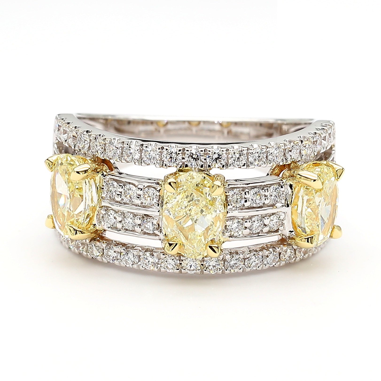 Natural Yellow Oval Diamond 2.14 Carat TW Gold 3-Stone Cocktail Ring
