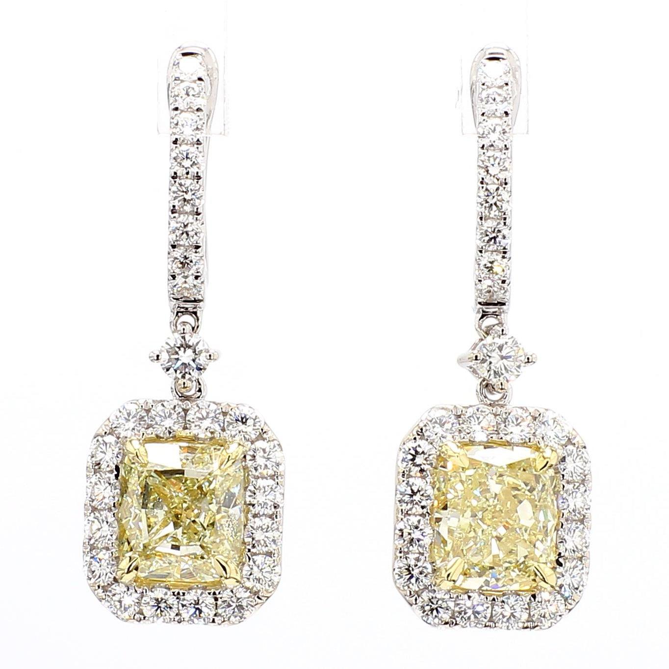 GIA Certified Natural Yellow Cushion Diamond 5.37 Carat TW Gold Drop Earrings