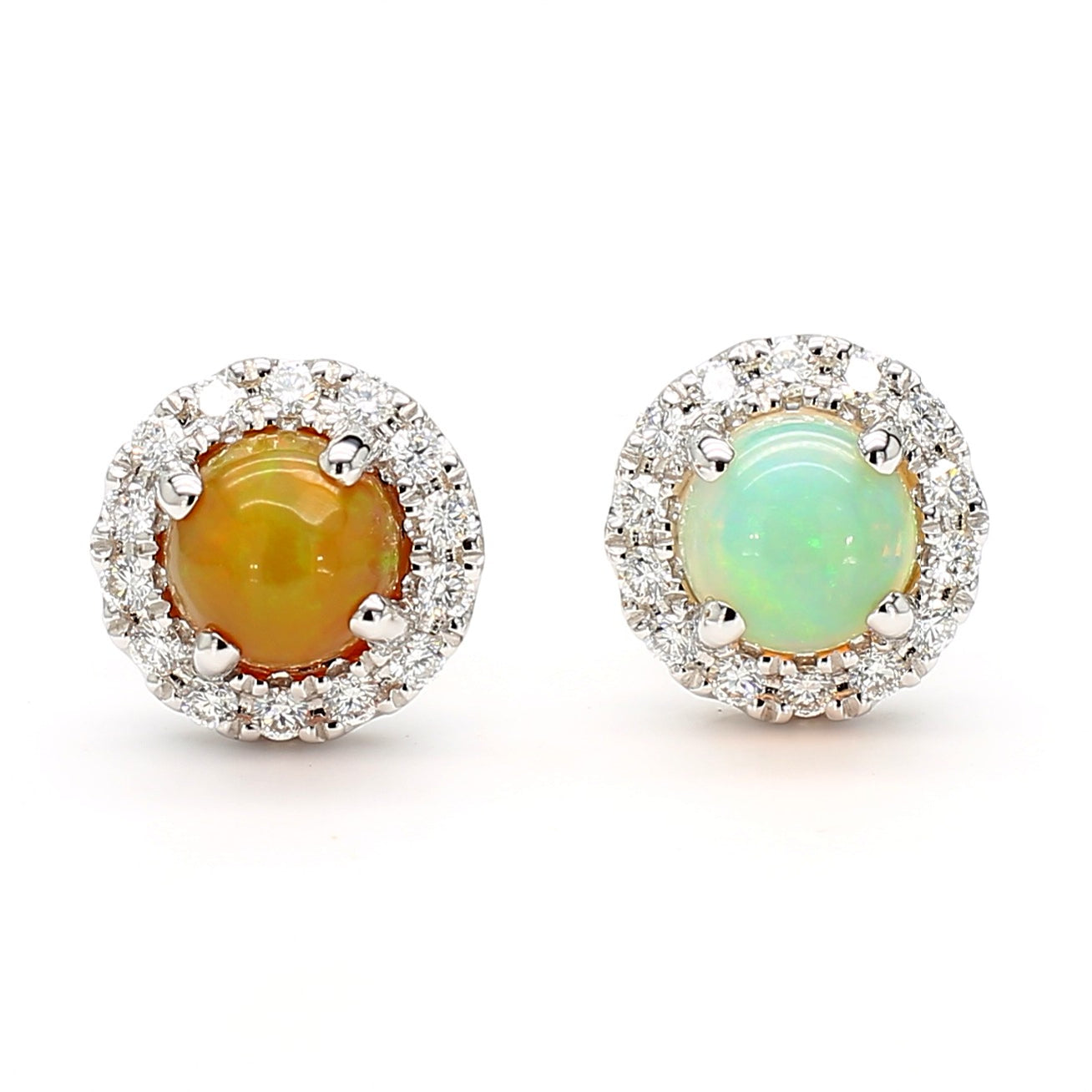 Natural Round Opal and White Diamond 1.86 Carat TW White Gold Stud Earrings