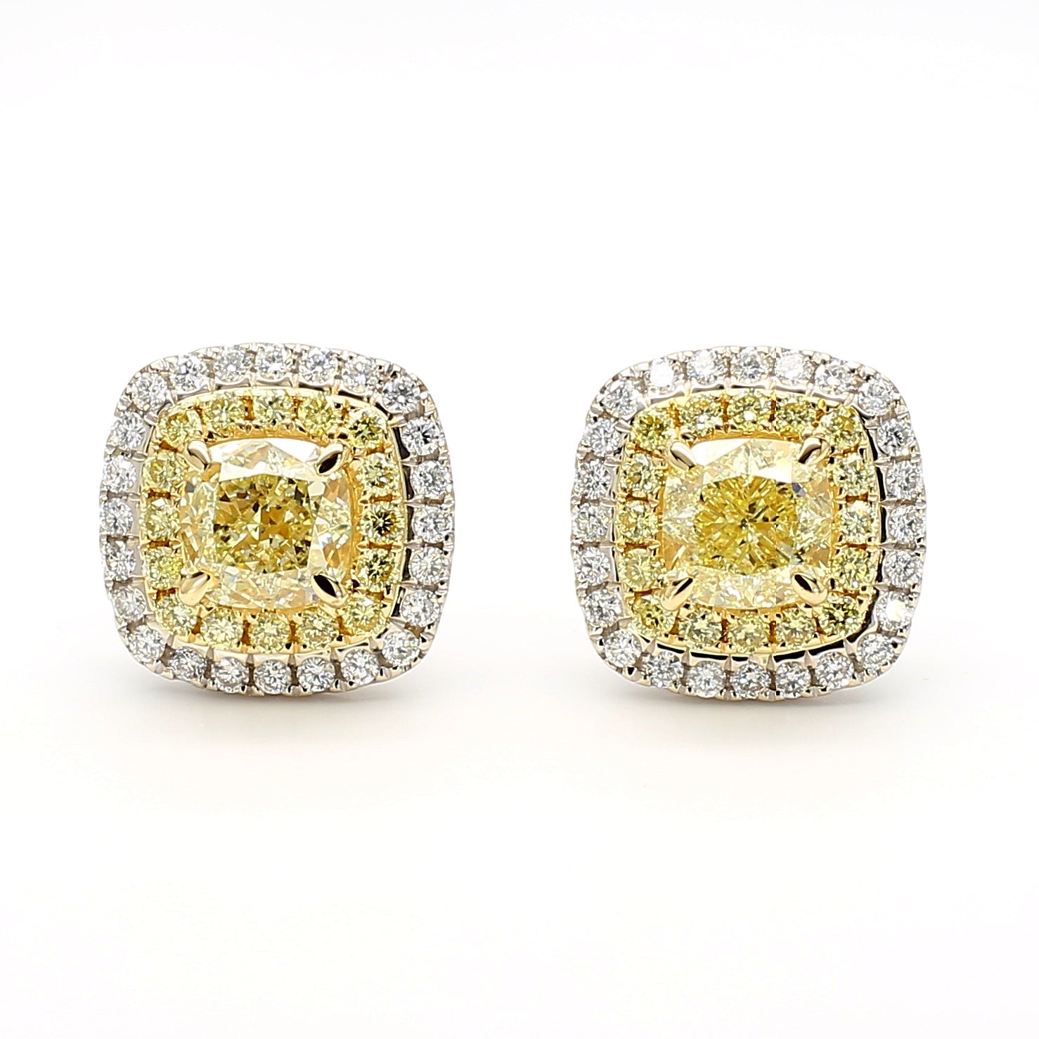Natural Yellow Cushion Diamond 2.12 Carat TW Gold Stud Earrings
