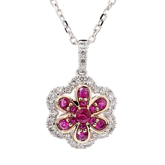 Natural Round Red Ruby and White Diamond .77 Carat TW Gold Drop Pendant
