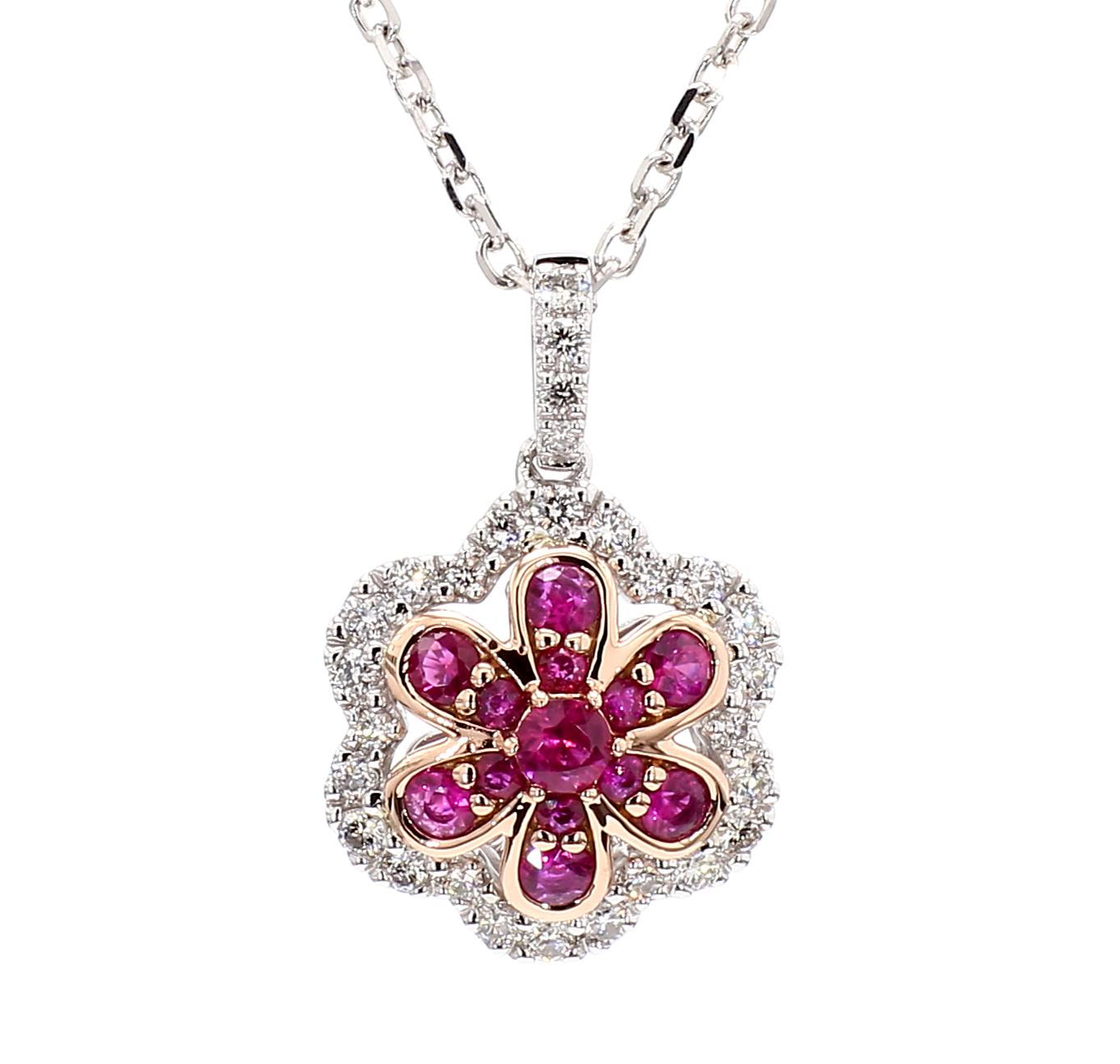 Natural Round Red Ruby and White Diamond .77 Carat TW Gold Drop Pendant