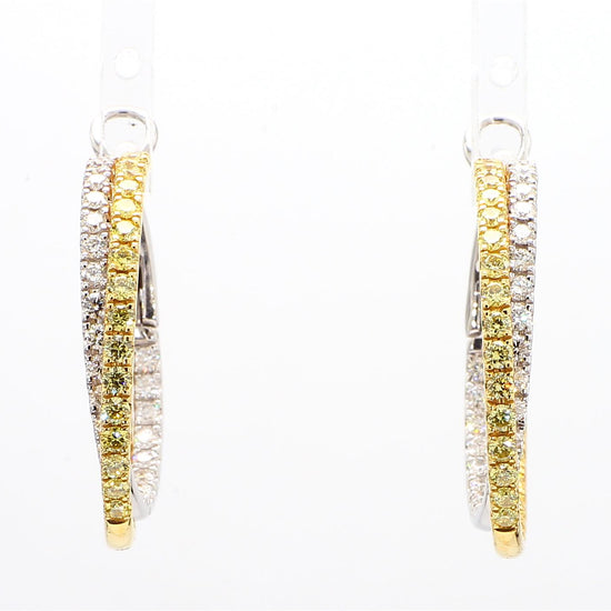 Natural Yellow Round and White Diamond 2.60 Carat TW Gold Hoop Earrings
