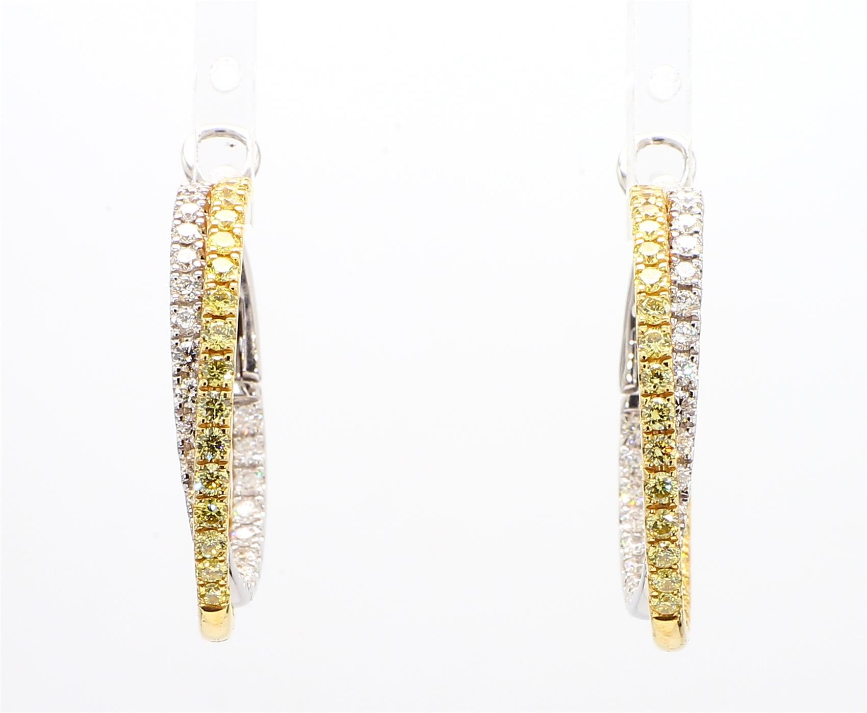 Natural Yellow Round and White Diamond 2.60 Carat TW Gold Hoop Earrings