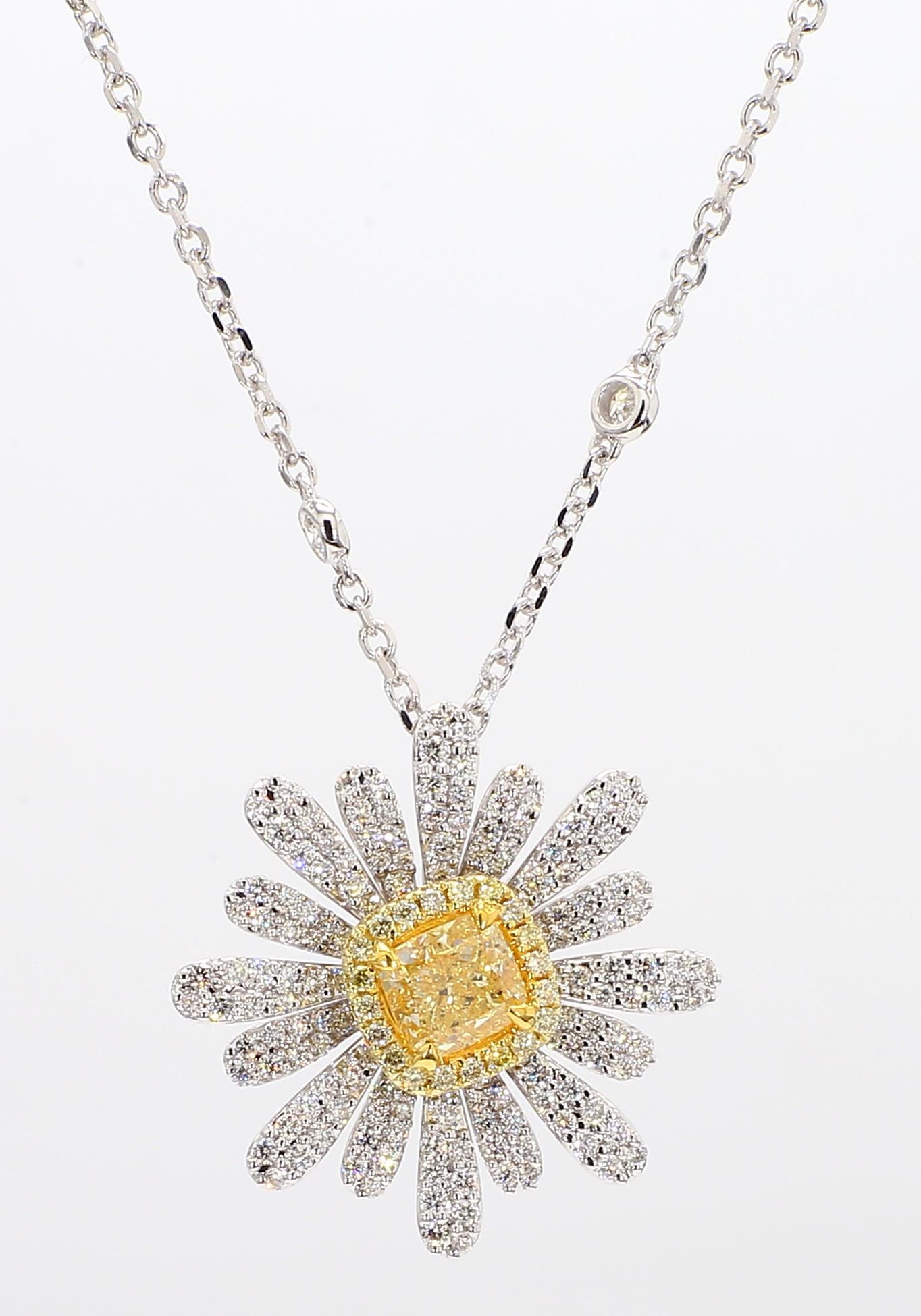 GIA Certified Natural Yellow Cushion Diamond 1.58 Carat TW Gold Drop Pendant