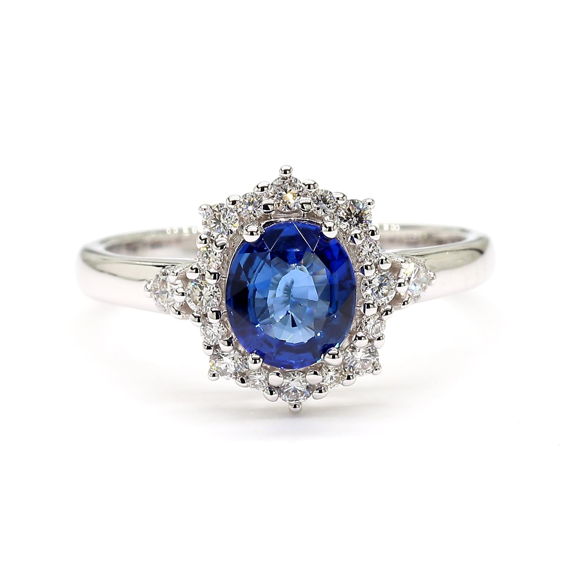 Natural Blue Oval Sapphire and White Diamond 1.27 Carat TW Gold Cocktail Ring