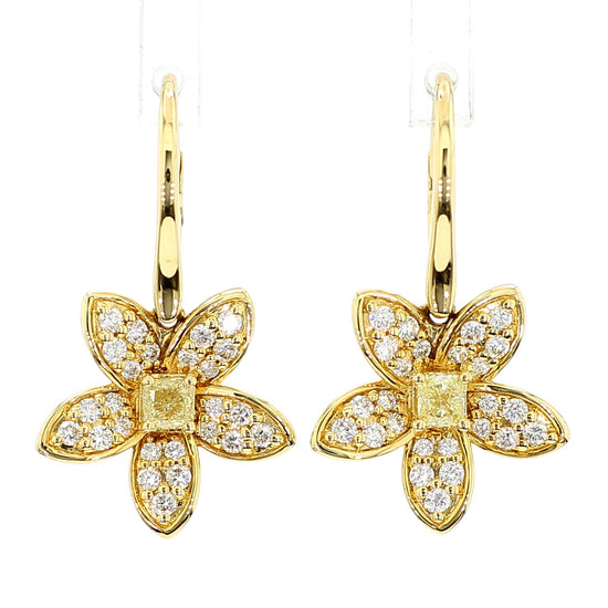 Natural Yellow Cushion and White Diamond .91 Carat TW Yellow Gold Drop Earrings