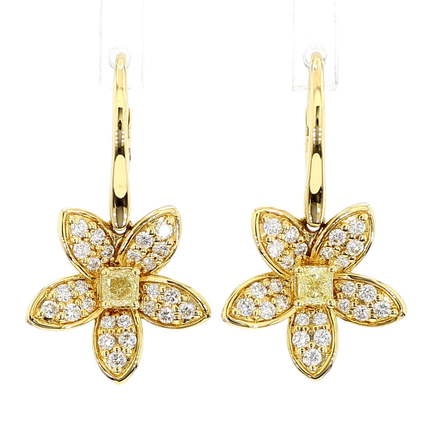 Natural Yellow Cushion and White Diamond .91 Carat TW Yellow Gold Drop Earrings