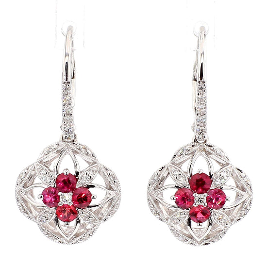 Natural Red Round Ruby and White Diamond 0.79 Carat TW White Gold Drop Earrings