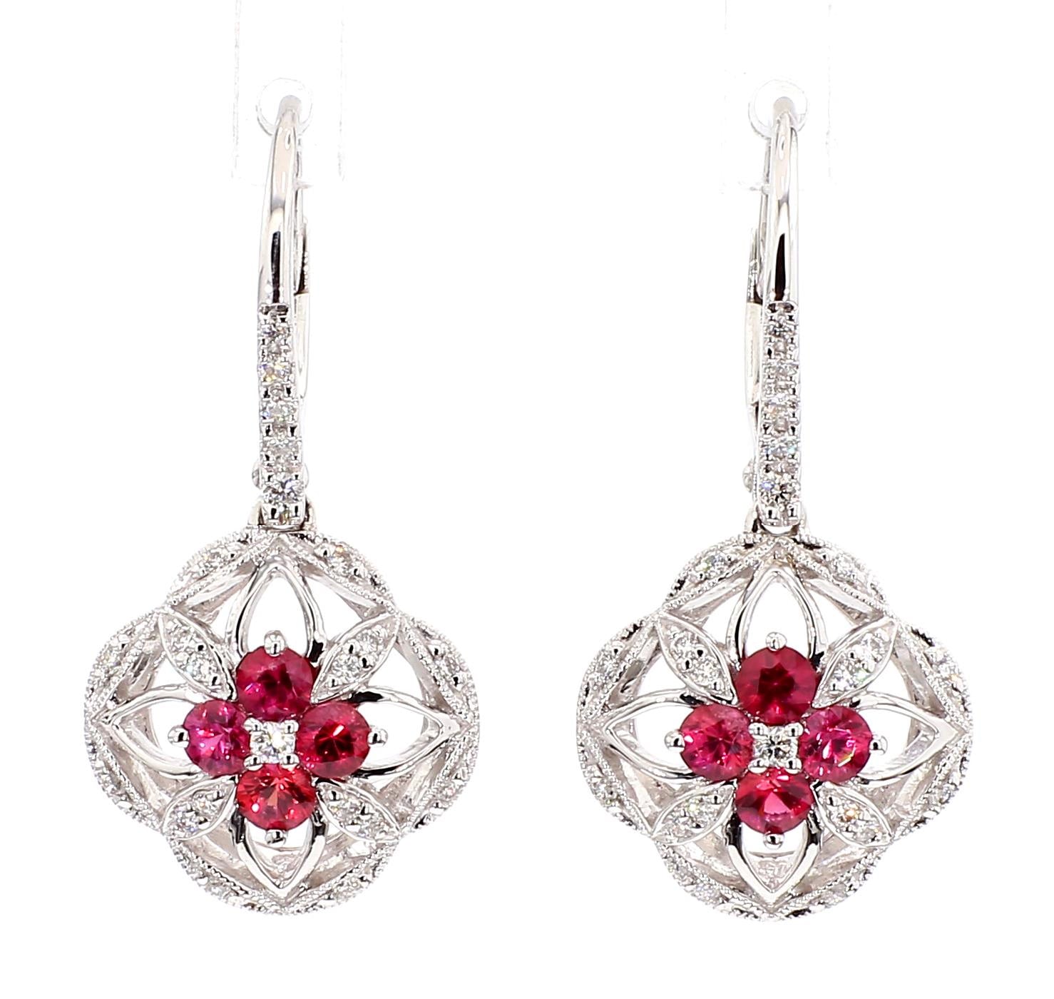 Natural Red Round Ruby and White Diamond 0.79 Carat TW White Gold Drop Earrings