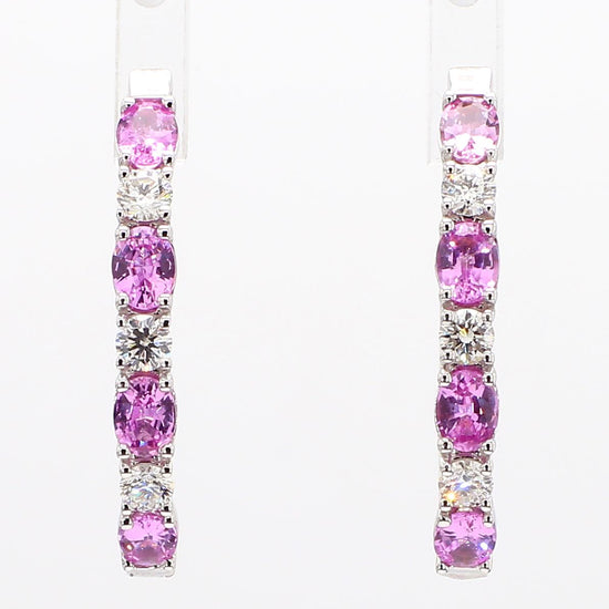 Natural Pink Round Sapphire and White Diamond 2.40 Carat TW Gold Hoop Earrings