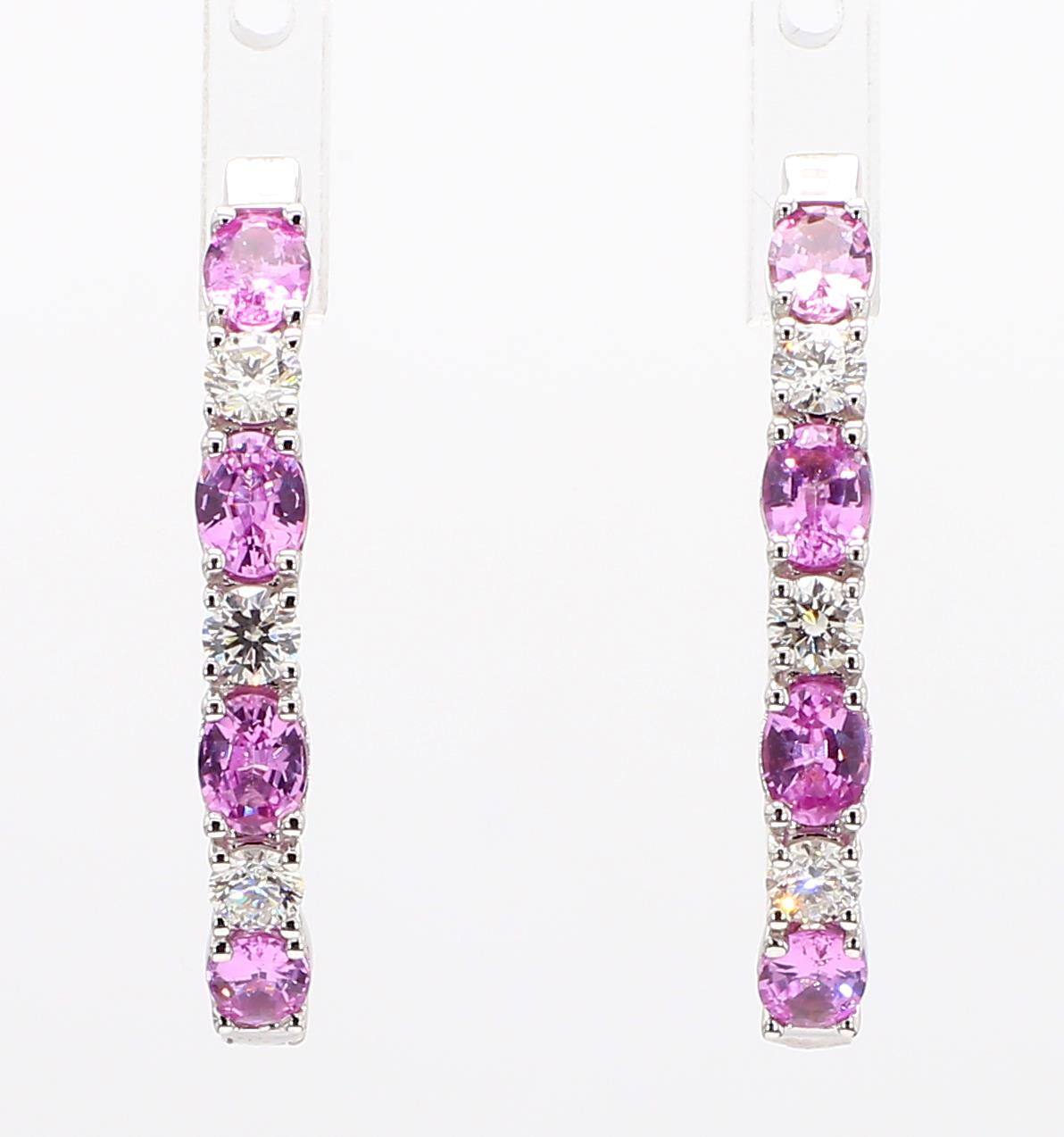 Natural Pink Round Sapphire and White Diamond 2.40 Carat TW Gold Hoop Earrings