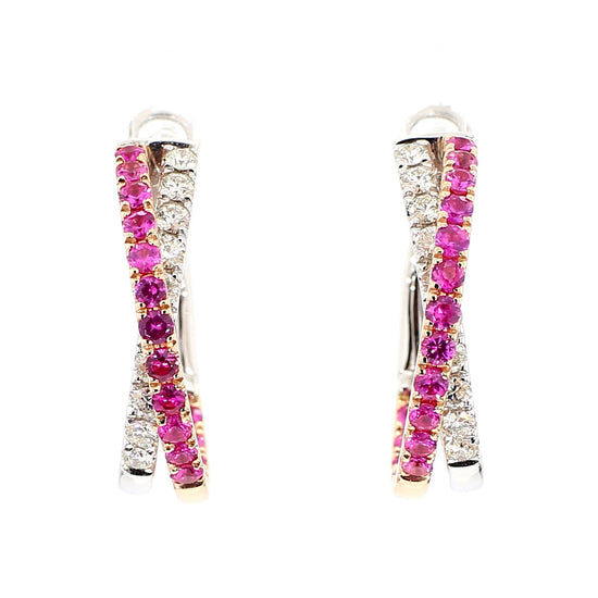 Natural Red Round Ruby and White Diamond 2.01 Carat TW Rose Gold Drop Earrings