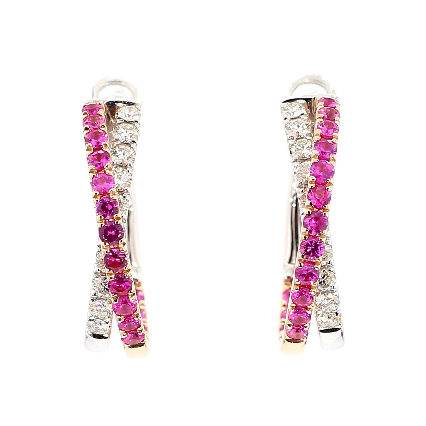 Natural Red Round Ruby and White Diamond 2.01 Carat TW Rose Gold Drop Earrings