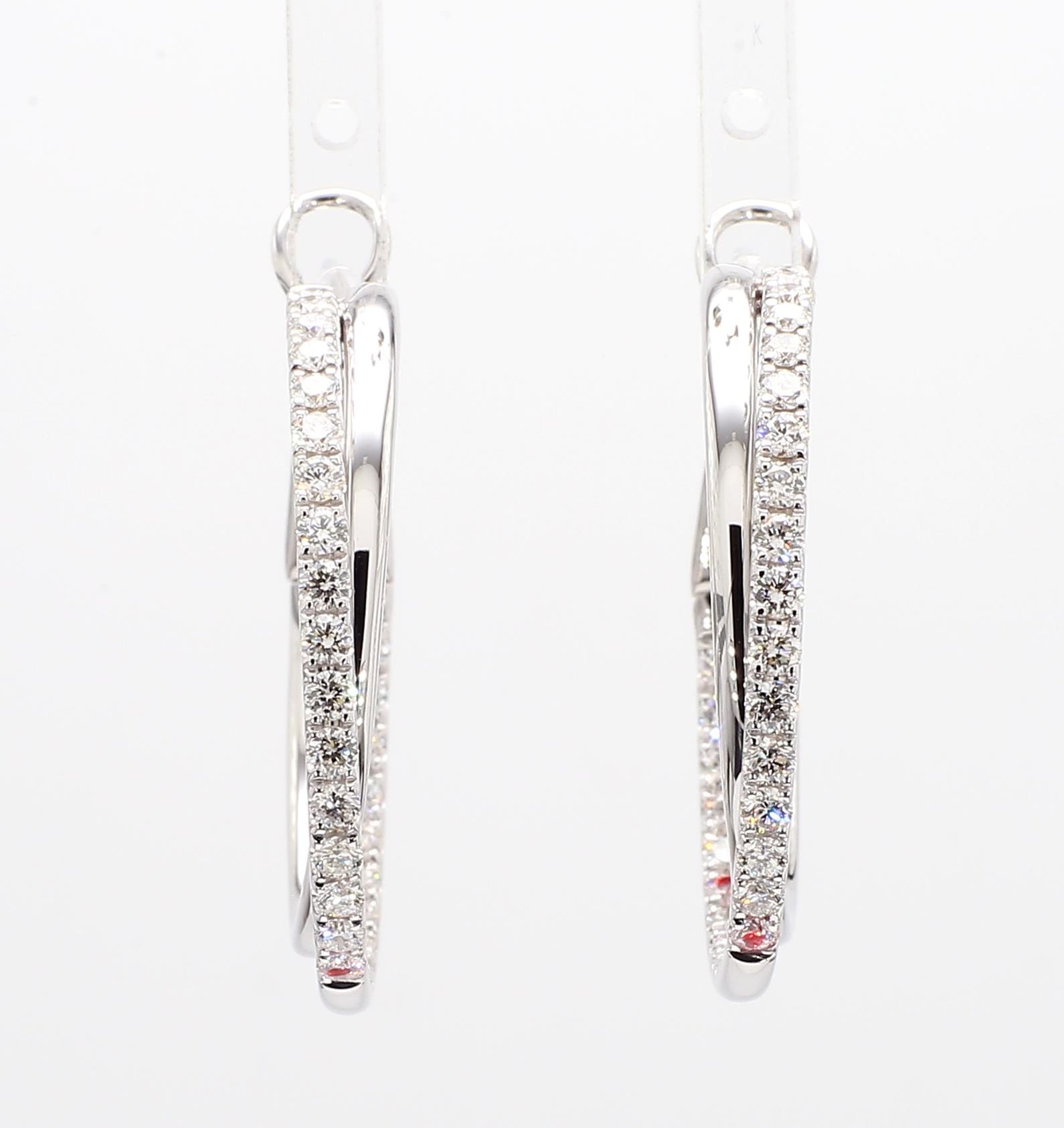 Natural White Round Diamond 1.45 Carat TW White Gold Loop Earrings