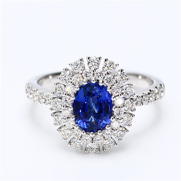 Natural Blue Oval Sapphire and White Diamond 1.85 Carat TW Gold Cocktail Ring